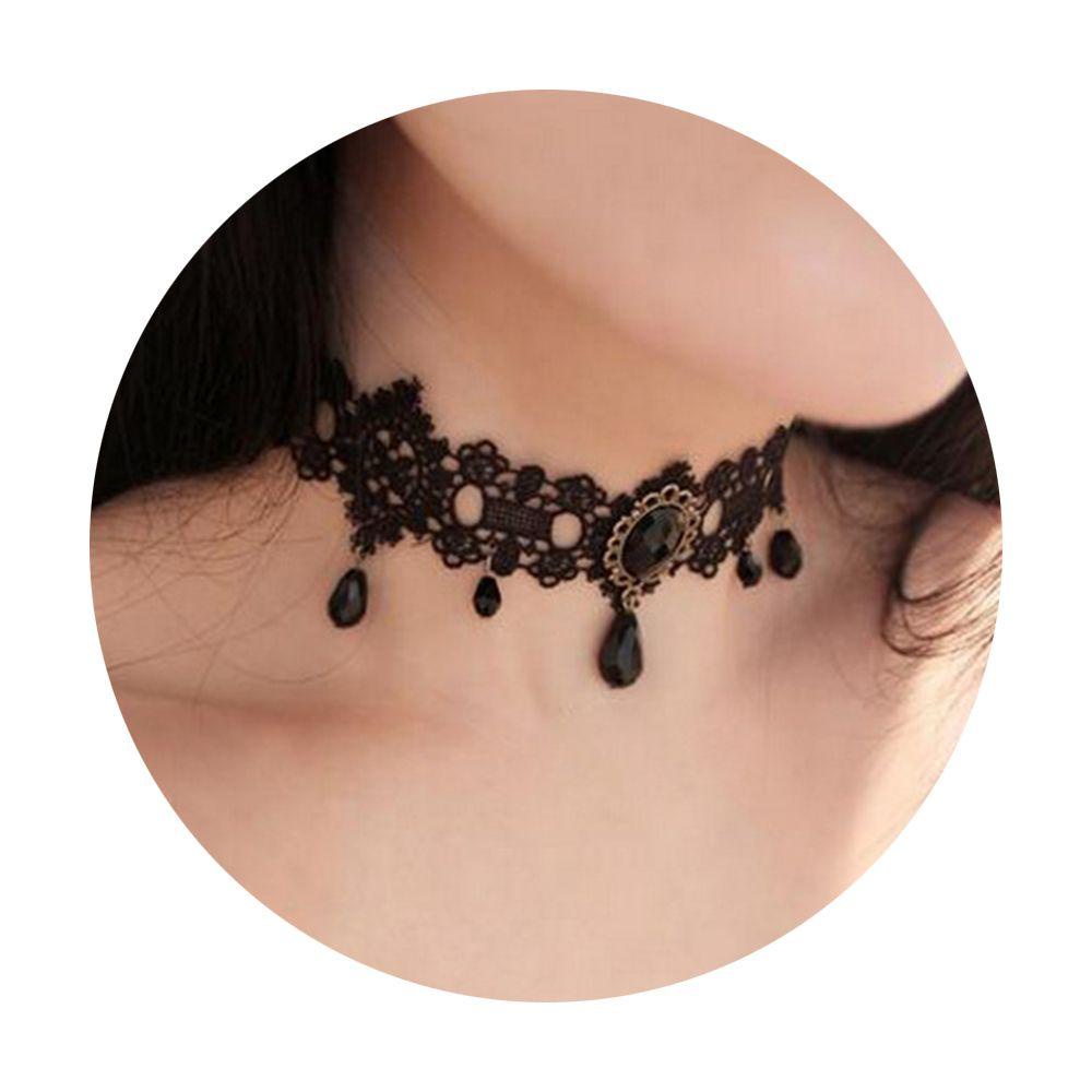 NEXTVN Vòng Cổ Choker Ren Màu Đen Đính Đá Pha Lê Phong Cách Gothic Cổ Điển
