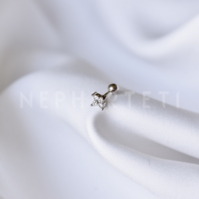 Khuyên tai bạc 925 mini - Hoa đá bốn cánh chốt bi vặn  - Nepherteti