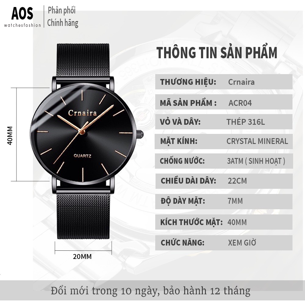 Đồng hồ nam chính chãng Crnaira CR04 dây thép nhuyễn cực đẹp, mỏng chỉ 7mm, lịch lãm, phong cách