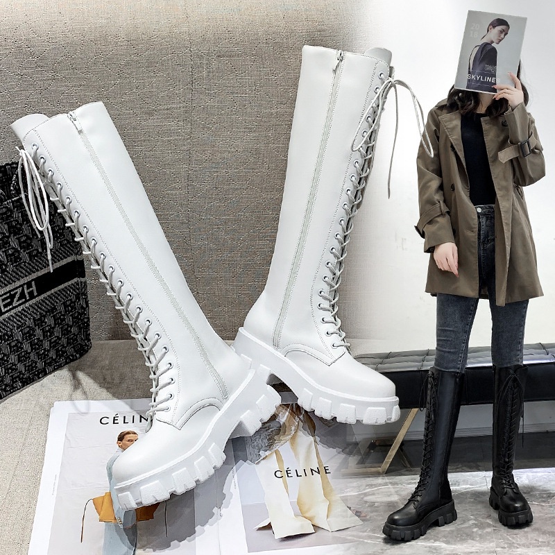 Giày bốt IELGY cổ cao thắt dây phối khóa kéo phong cách đường phố thời trang cá tính dành cho nữ