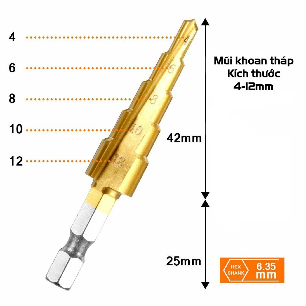 Bộ 3 Mũi Khoan Tháp Chuôi Lục Giác Thép Gió HSS Mạ Titan 4-32mm Khoan Nhôm, Nhựa, Gỗ VOTO