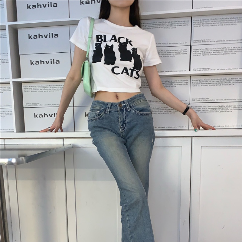 Áo Thun Croptop Tay Ngắn In Hình Mèo Dễ Thương Cho Nữ