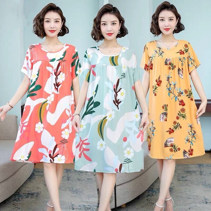 Đầm Ngủ Cotton Lụa Giả Sát Nách Thời Trang Mùa Hè Cho Phụ Nữ Trung Niên