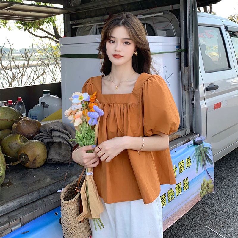 Áo Kiểu Tay Ngắn Phồng Cổ Vuông Thời Trang Xinh Xắn Cho Nữ