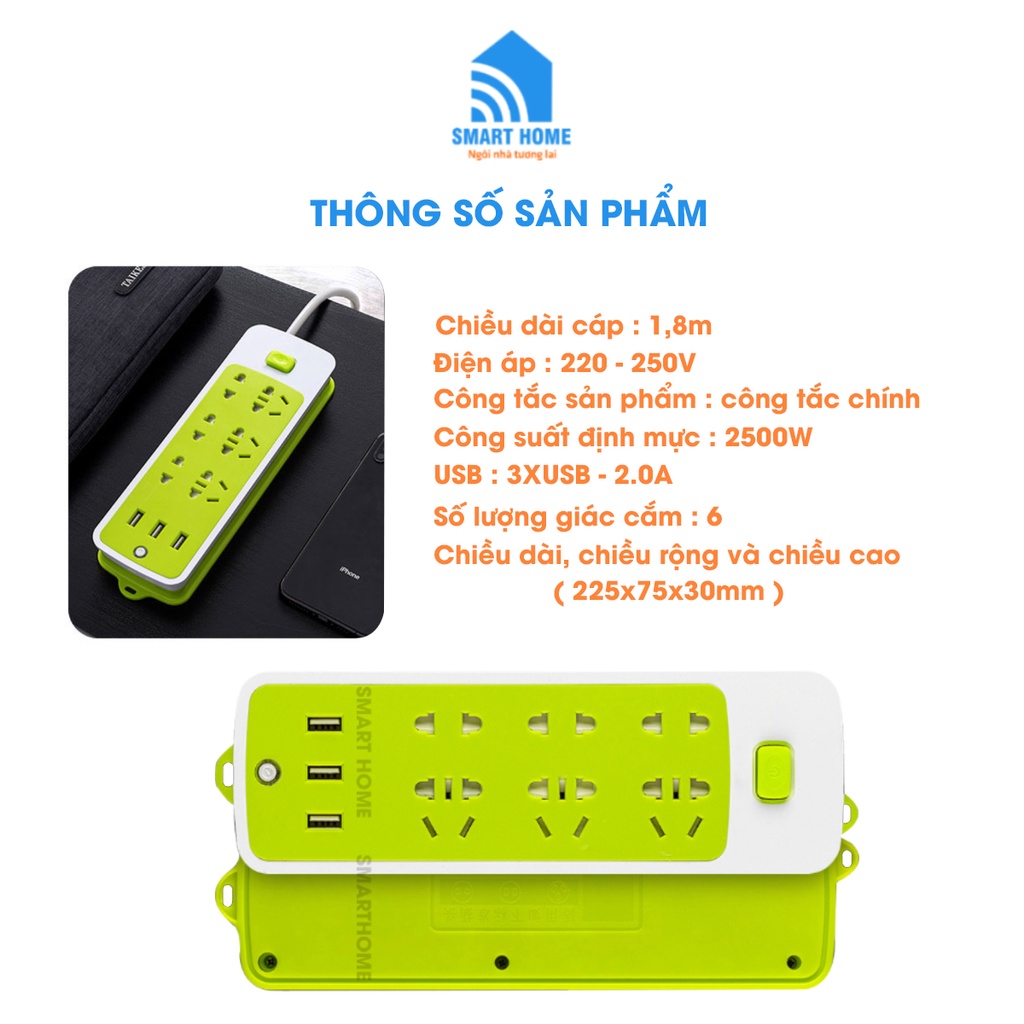 Ổ Cắm Điện Đa Năng Chống Giật, Ổ Cắm Điện Thông Minh Có 6 Ổ Điện, 3 Cổng USB Dây Dài Lên Đến 4.5m