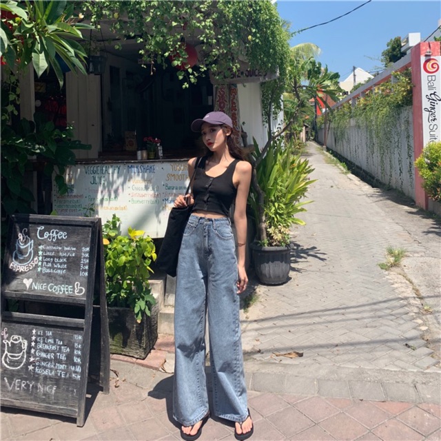 [ sẵn ] Quần bò ống rộng retro / quần jeans dài culottes ulzzang lưng cao chân ...