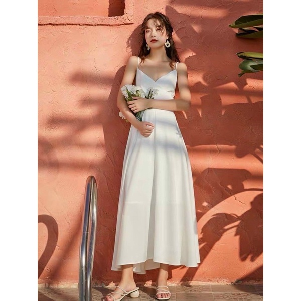 váy trắng maxi xoè tiểu thư hai dây nơ lưng