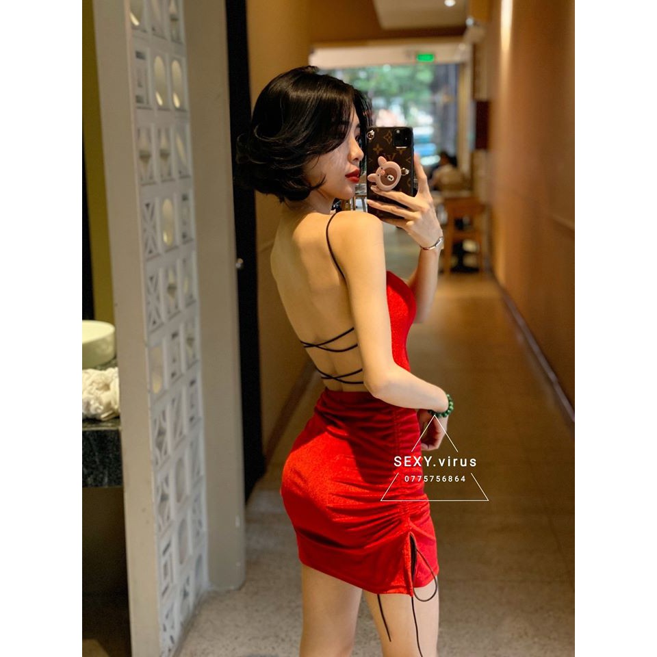 Đầm body hở lưng rút hông