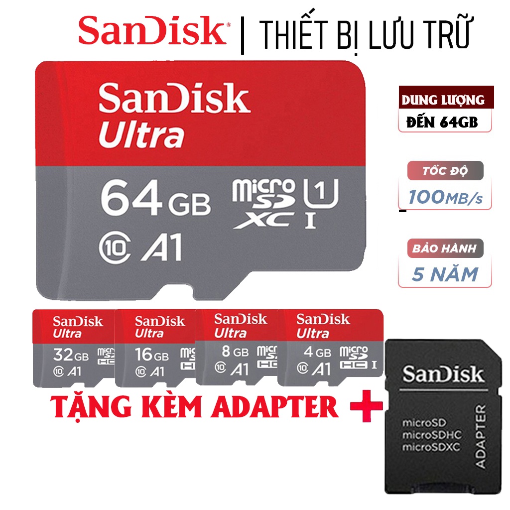 Thẻ nhớ 64GB 32GB 16GB 8GB Thẻ nhớ SanDisk Ultra Class 10 667x 100MB/s chuyên dụng camera điện thoại, loa đài-BH 5 năm