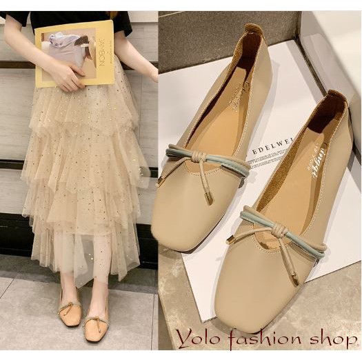 Giày bệt búp bê nữ đế bằng da mềm mũi vuông thắt nơ vintage hàng QC cao cấp - Kèm hình thật
