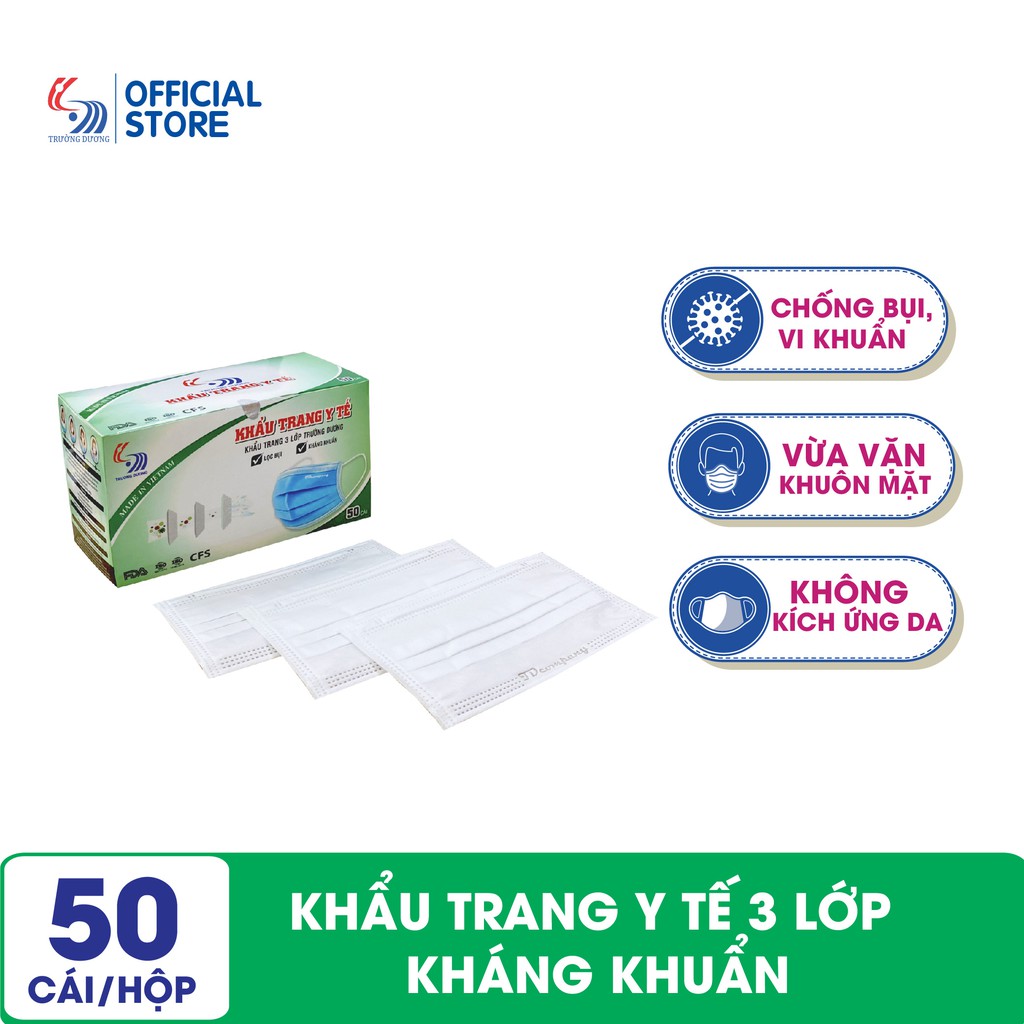 Khẩu trang y tế 3 lớp kháng khuẩn Trường Dương - Hộp 50 cái