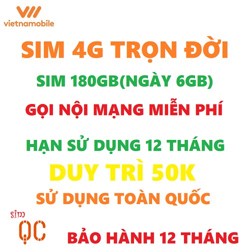 Sim 4G mỗi ngày 6GB có sẵn tháng đầu tặng 40k vietnamobile