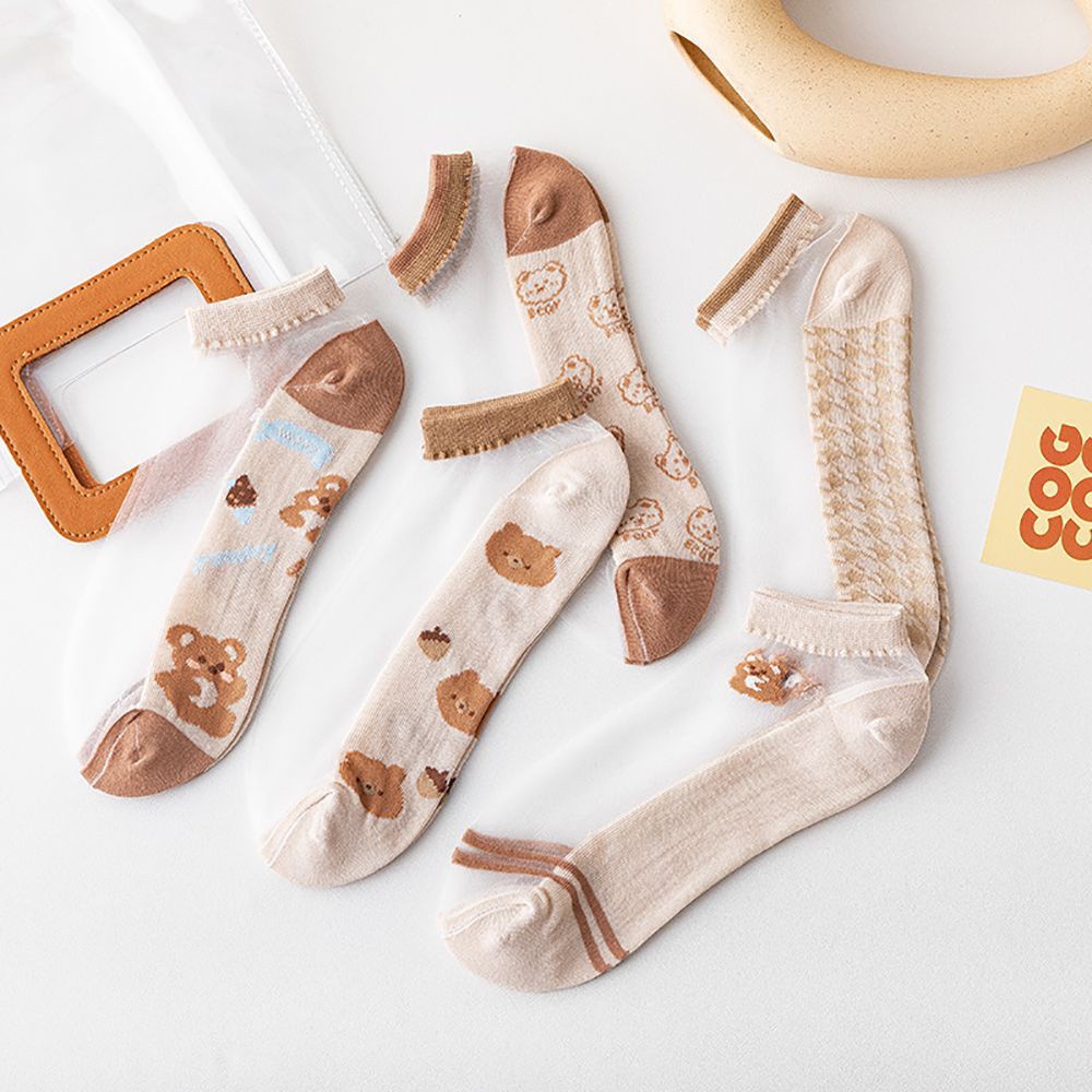 Vớ Cổ Thấp Mỏng Nhẹ Co Giãn Trong Suốt In Hình Gấu Hoạt Hình Dễ Thương Cho Nữ