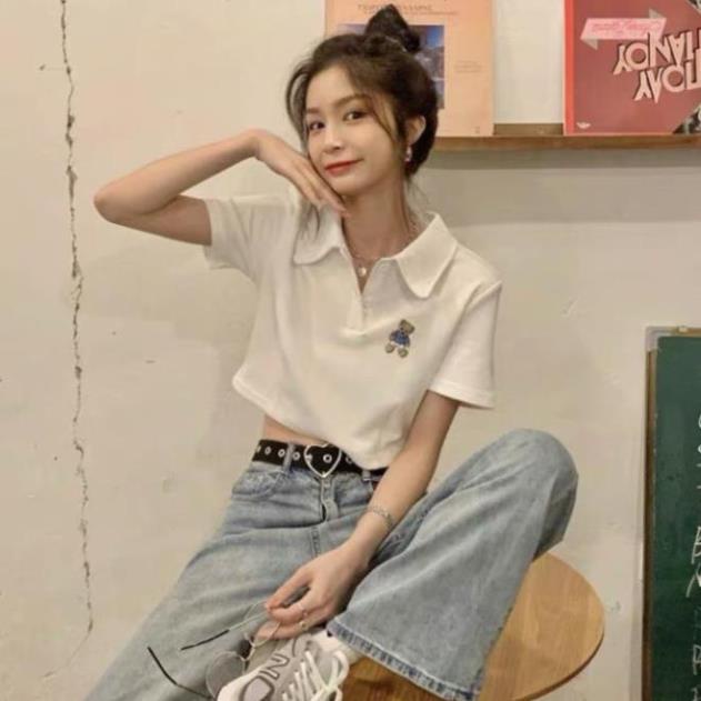 Áo croptop cộc tay dưới 55kg jumestore - Áo polo thêu hình con gấu