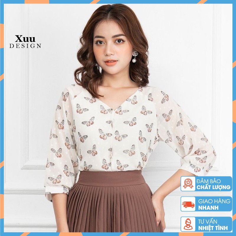 Áo sơ mi nữ cổ V Xuu Design Áo kiểu tay lỡ họa tiết TK21.84