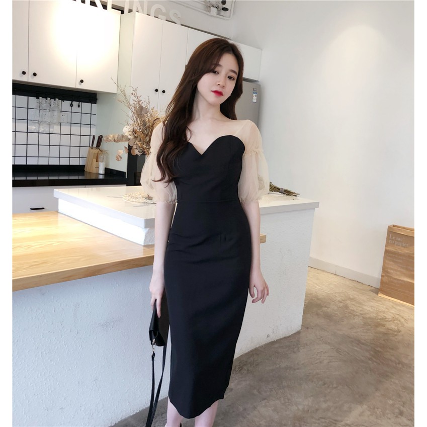Đầm dáng ôm nữ dài midi tay lưới Emilyshop
