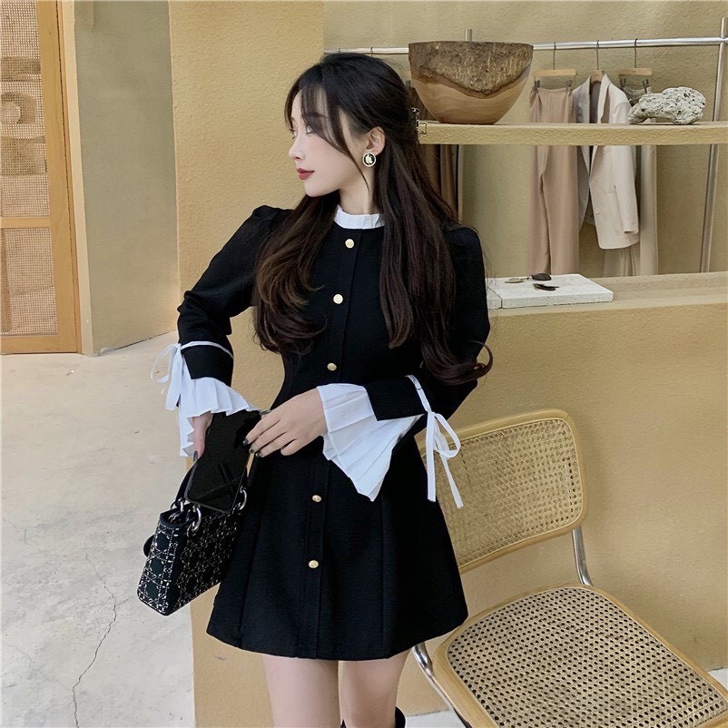 Đầm nữ phối viền xếp ly dài tay hàng nút sang chảnh giúp nàng nàng bật dự tiệc, dạo phố