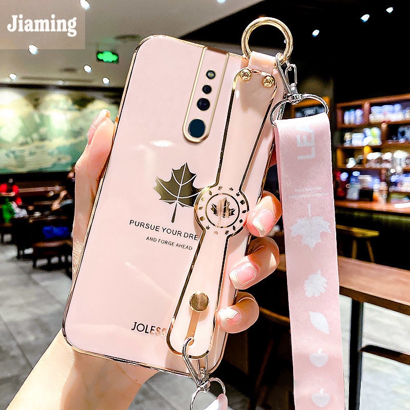 Ốp Điện Thoại Viền Lá Phong Mạ Điện Sang Trọng + Dây Đeo + Vòng Tay Cho OPPO F11 Pro