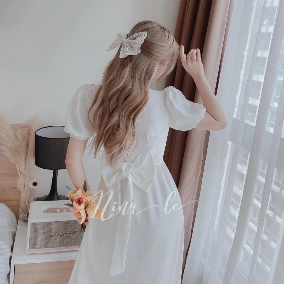 [8.8 Sales Freeship] Đầm maxi dáng dài cổ tròn cột nơ sau, đầm tay phồng suông thắt dây eo đi  biển siêu xinh