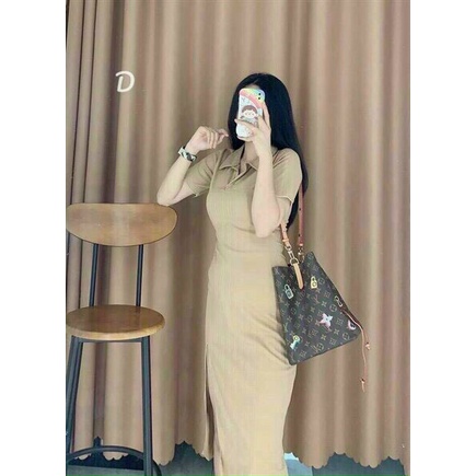 ( MIỄN PHÍ SHIP 2022) Đầm nữ ôm body, đầm thun cổ sơ mi tay ngắn xẻ tà dáng dài, đâm thun trơn phong cách HQ