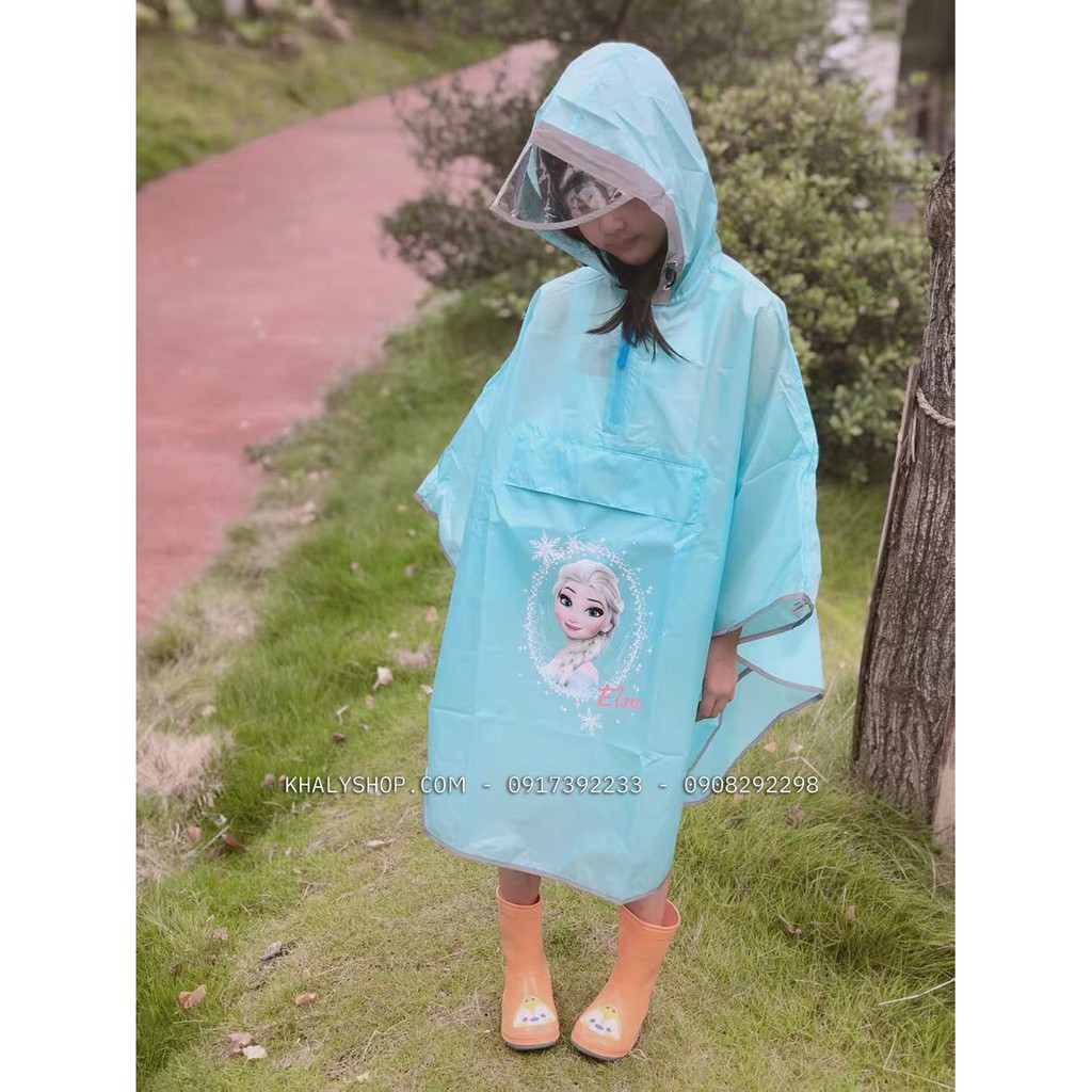 Áo mưa cánh dơi vải dù cao cấp hình công chúa Frozen Elsa và Anna màu xanh dương cho bé gái còn size (S,M,L,XL)