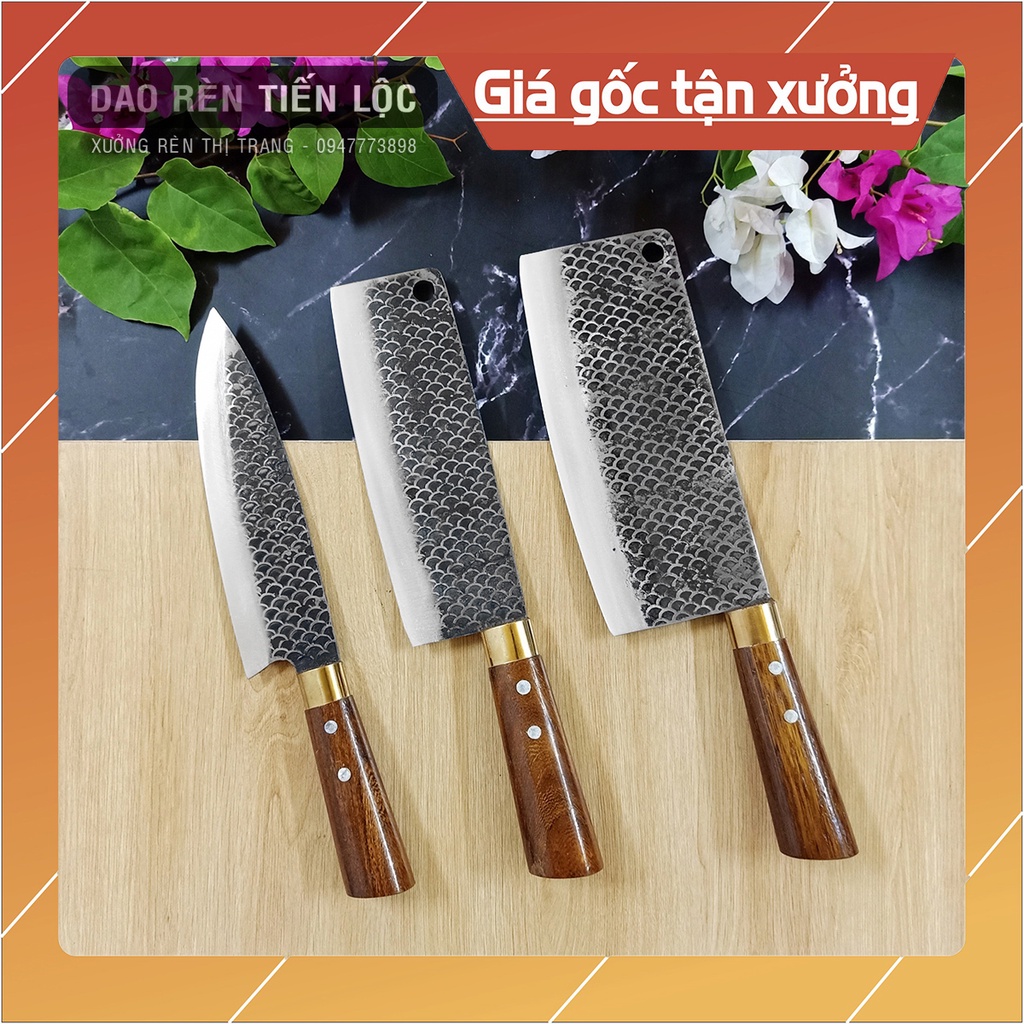 Bộ 3 Dao Nhà Bếp (Chặt-Thái-Lọc) Thép Nhíp Dập Vân 2 Mặt Kháng Rỉ Tốt - Cán Gỗ Cẩm