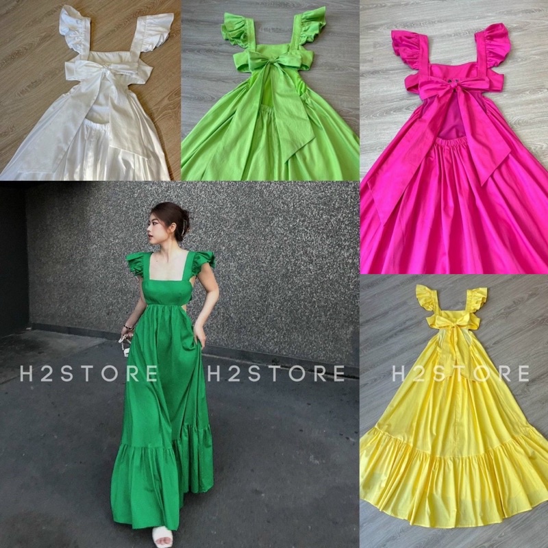 Đầm maxi cánh tiên 4 màu xanh trắng vàng hồng