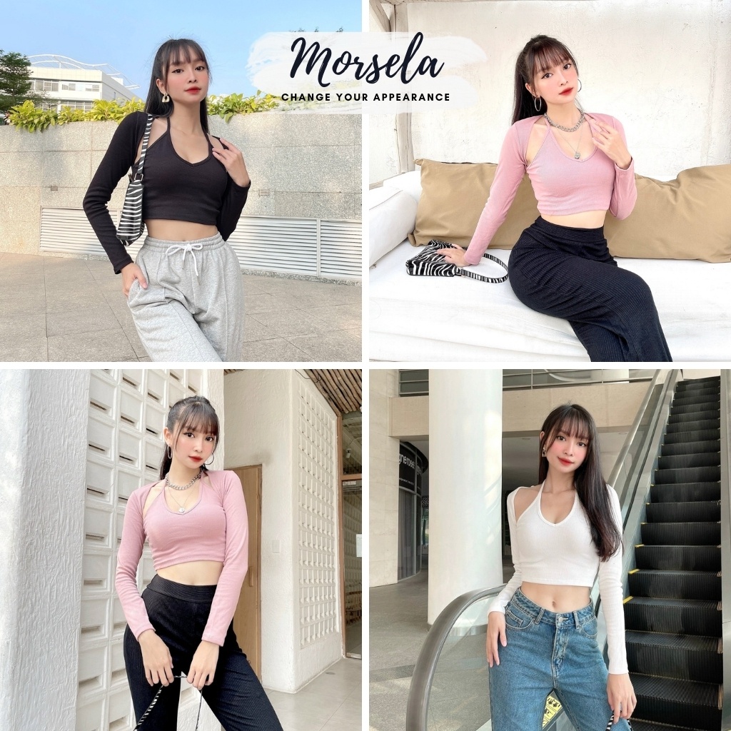 Áo croptop nữ tay dài cổ yếm - Áo crop top kiểu yếm - Morsela - CTTD02
