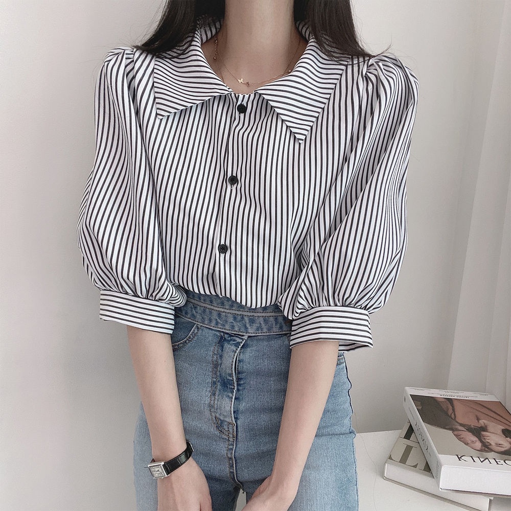 Áo Sơ Mi Tay Ngắn Họa Tiết Kẻ Sọc Thời Trang Mùa Hè Cho Nữ