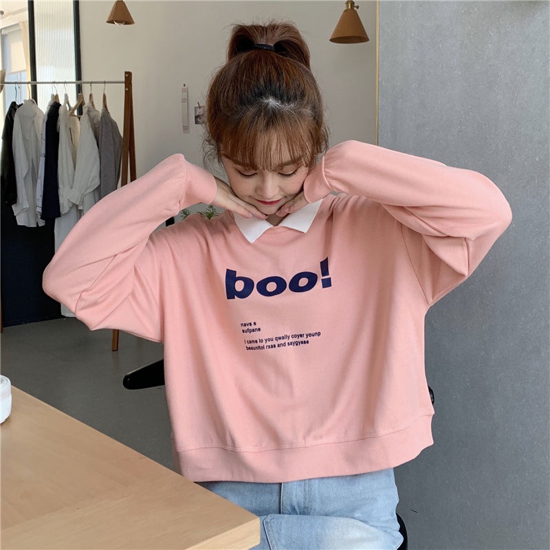 Women's Fleece-Lined Winter Sweater New Long-Sleeved T-shirt Student Korean Style Boyfriend Loose Short Insfashion Fake Two-Piece Top Clothes