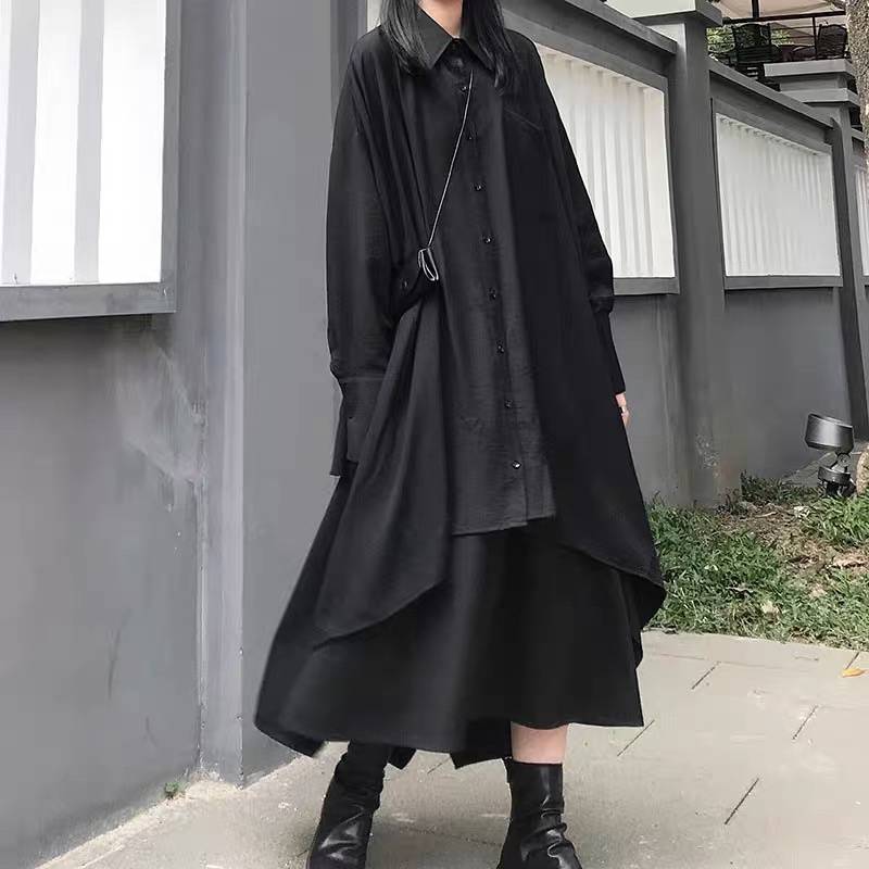 Áo sơmi đen phong cách hàng hot qinni. Áo sơmi thiết kế dáng rộng phong cách Yohij yamamoto.