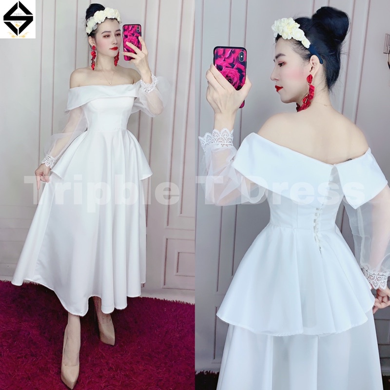 Đầm xòe dự tiệc mặc cưới bẹt vai tay voan dài phối ren TRIPBLE T DRESS -size S/M/L - MS51Y