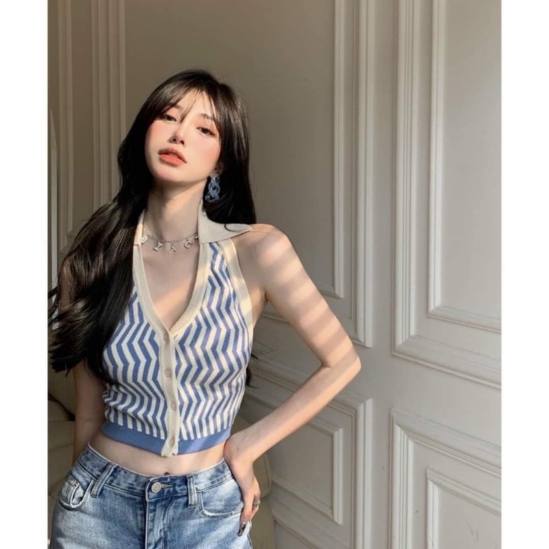 Áo croptop hoạ tiết kẻ cổ yếm sơ mi, kèm ảnh thật và video
