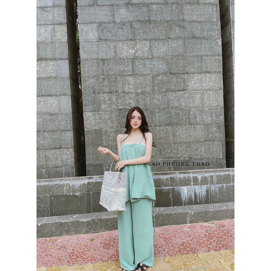Set Áo Dây Bính Quần Suông Xanh