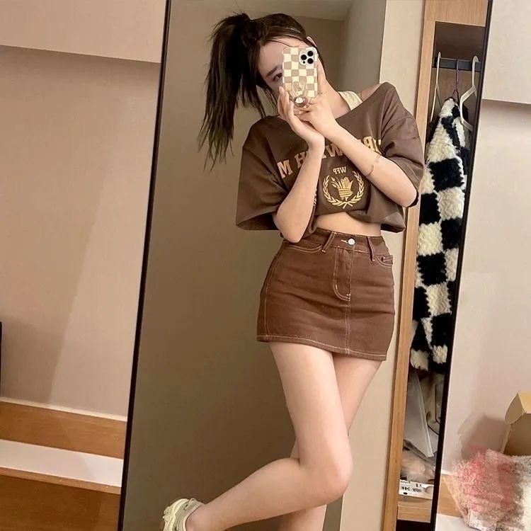 Áo Croptop Tay Ngắn Giả Hai Lớp In Họa Tiết Phong Cách Retro Mỹ Quyến Rũ Cho Nữ