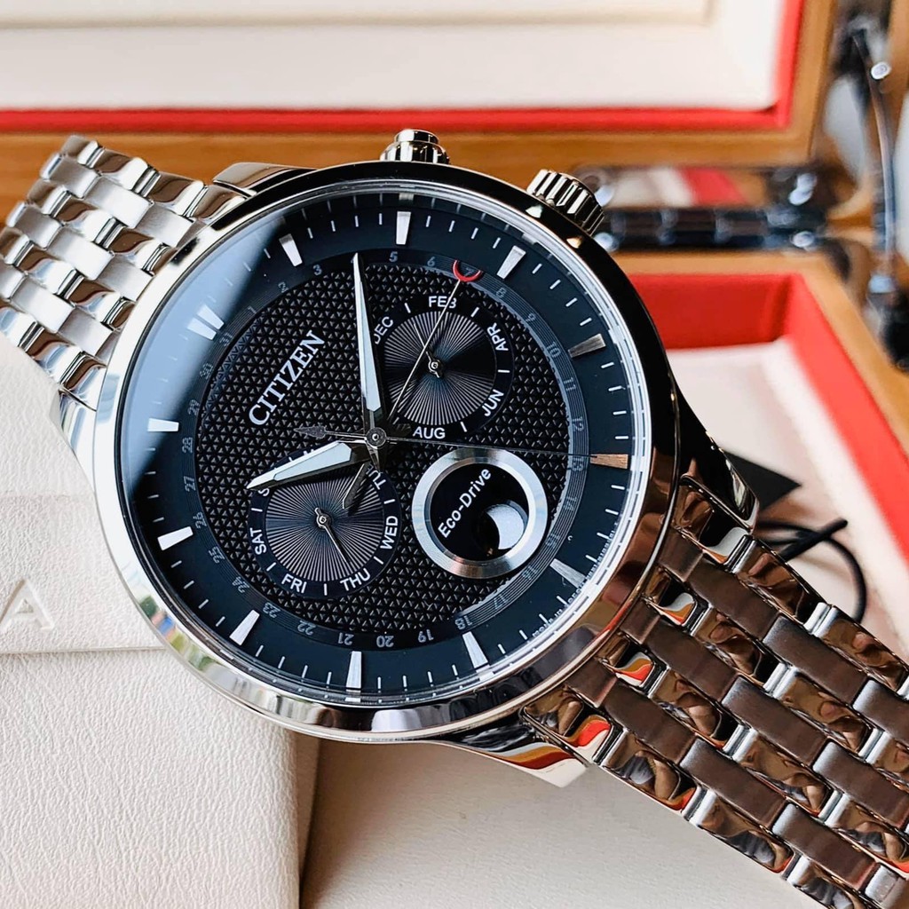 Đồng hồ Nam chính hãng Citizen Eco-Drive AP1050-56E Mặt đen,Lịch thứ ngày-Năng lượng ánh sáng-Dây kim loại-Size 42mm