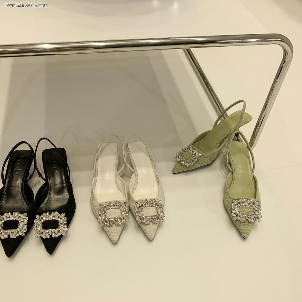 Giày sandal cao gót mũi nhọn trang trí khóa vuông đính đá chống trượt thời trang xuân hè 2022 dành cho nữ