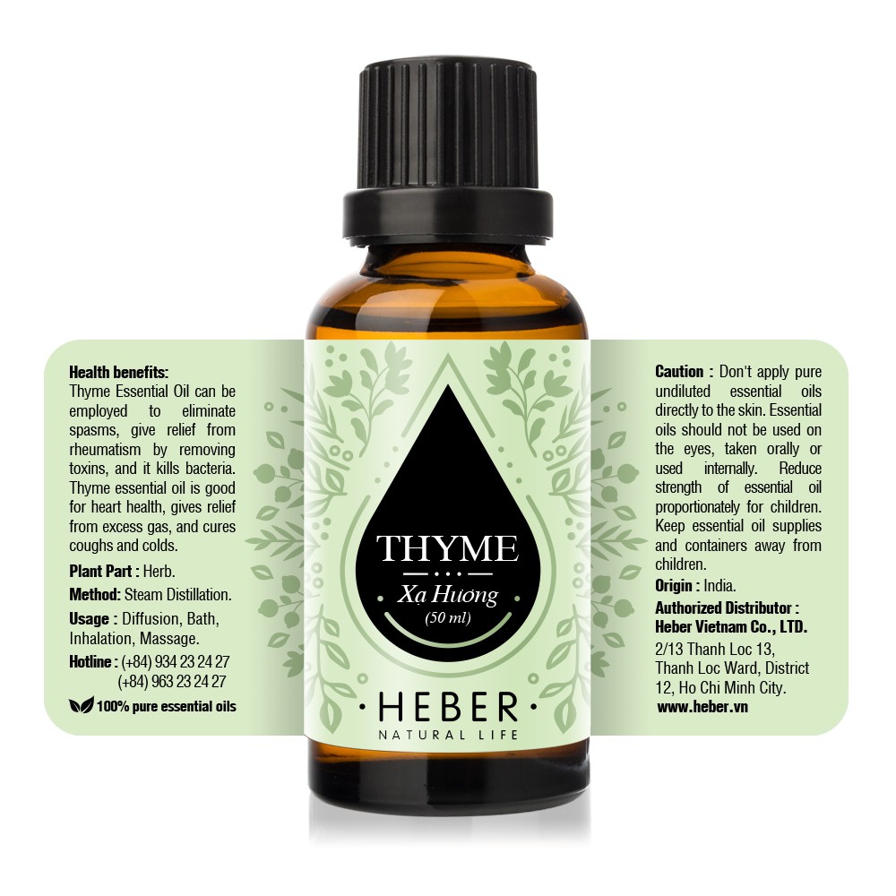 Tinh Dầu Xạ Hương Heber Thyme Heber Natural Life, Cao Cấp Nhập Khẩu, Thiên Nhiên Nguyên Chất, Chai 10ml/30ml/50ml