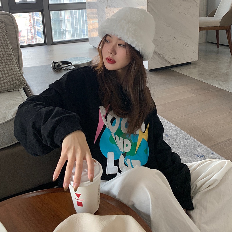 Áo sweater SUXI mỏng cổ tròn tay dài dáng rộng in họa tiết xinh xắn dễ phối đồ cho nữ