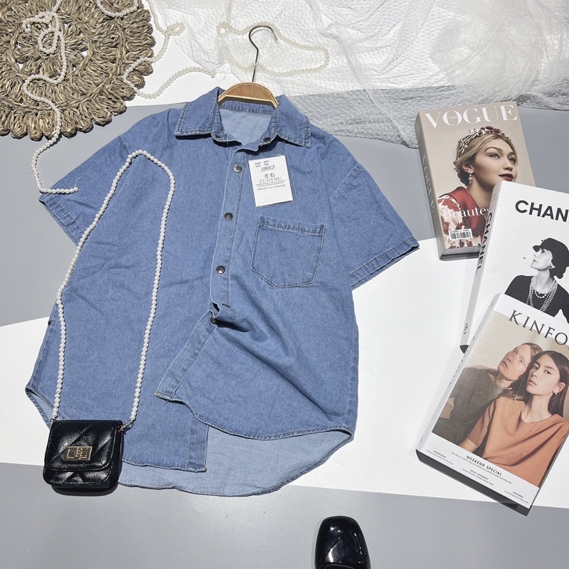 Sơ mi bò trơn túi ngực Ngắn tay from rộng unisex-  Áo denim jean cộc tay dáng rộng đuôi tôm phong cách ulzzang hàn quốc