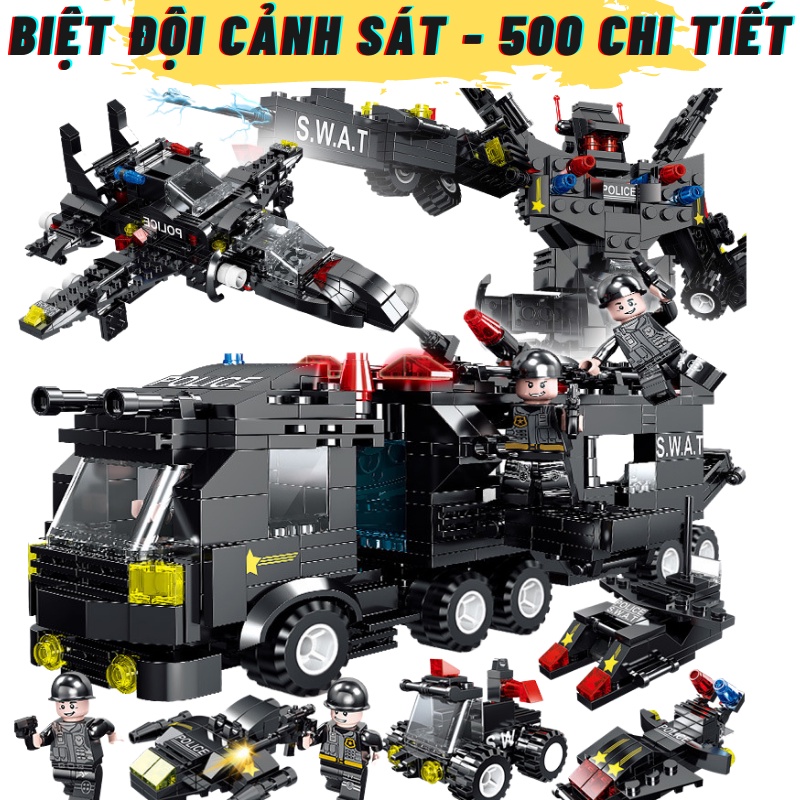 [500 chi tiết] Đồ chơi Swat army Lego robot, Lego máy bay, Lego xe quân đội