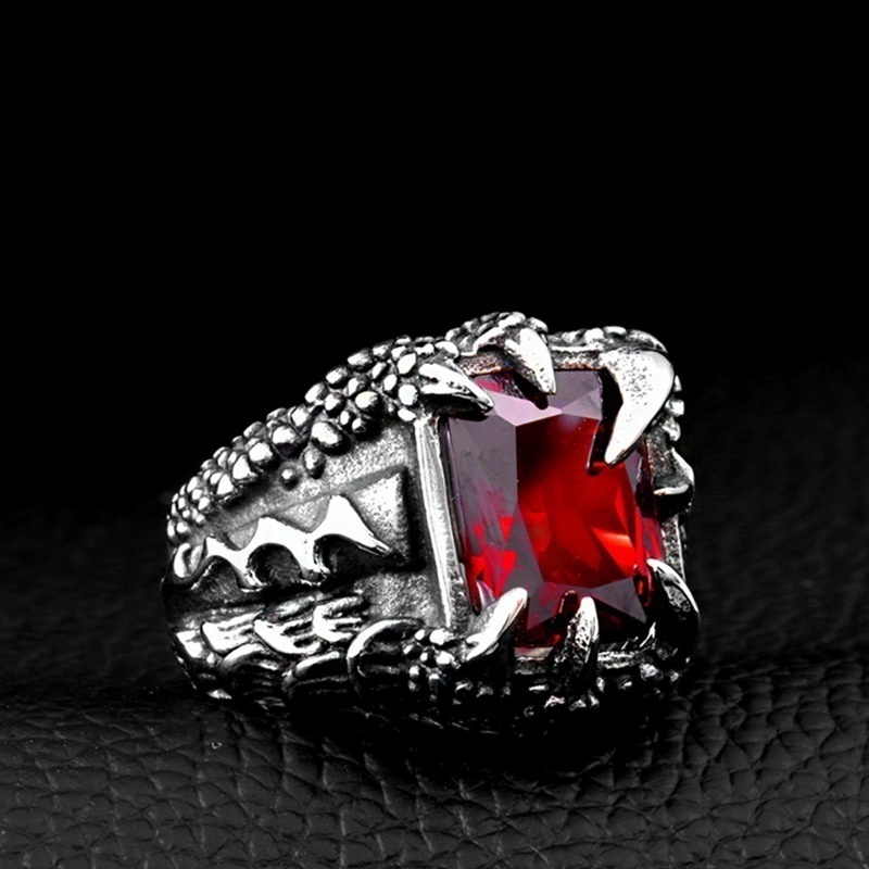 Nhẫn Đính Đá Ruby Hình Vuốt Rồng Phong Cách Gothic Cổ Điển Cho Nam