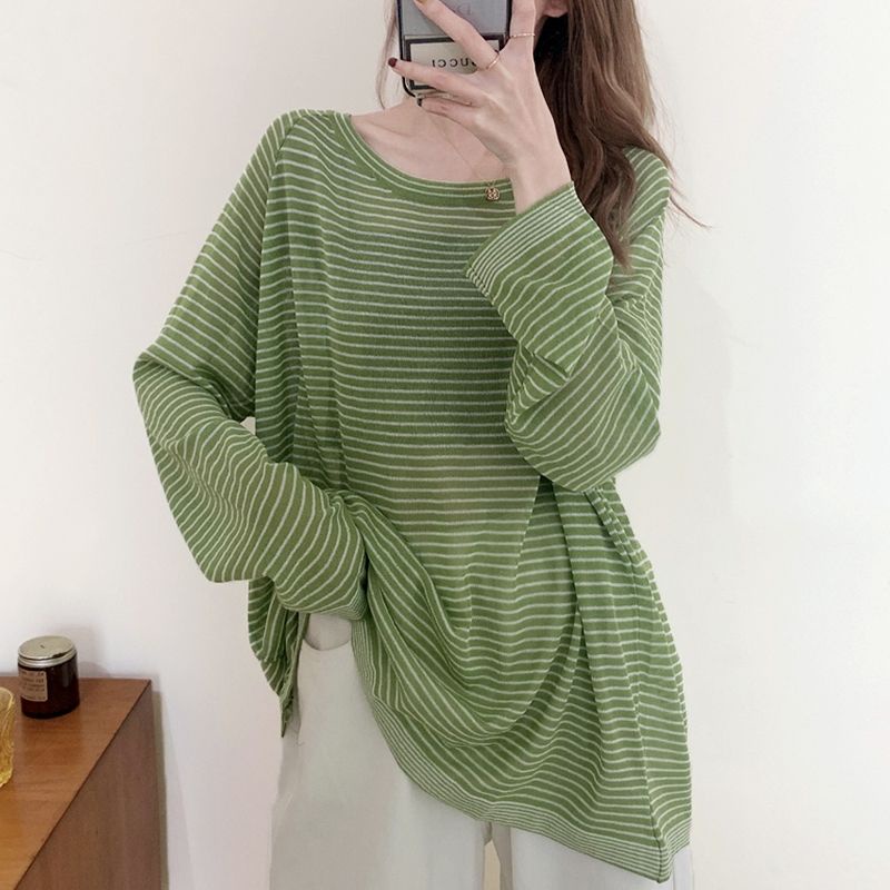 JiashuchengÁo Thun Dệt Kim Mỏng Tay Dài Dáng Rộng Họa Tiết Kẻ Sọc Thời Trang Cho Nữ