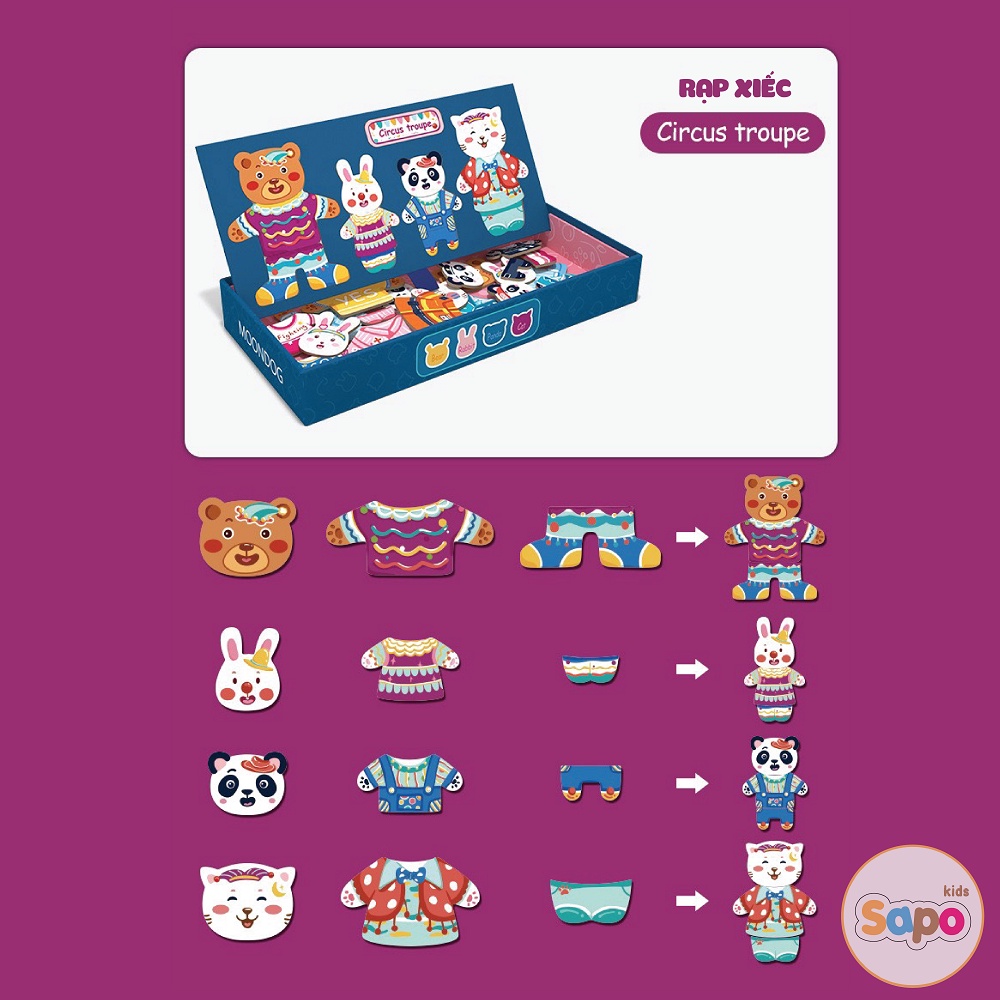 Đồ chơi cho bé,bộ xếp hình gỗ thay quần áo cho gia đình thỏ gấu sapo kids