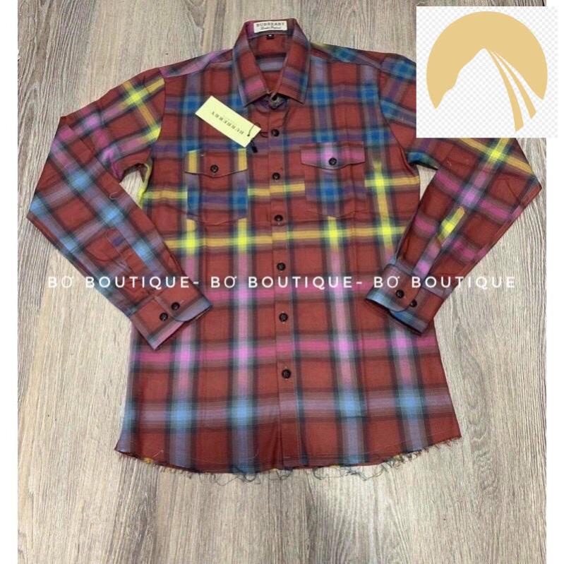 Áo sơ mi kẻ phối màu rách gấu nam nữ, áo sơ mi chất đẹp- Bơ Boutique