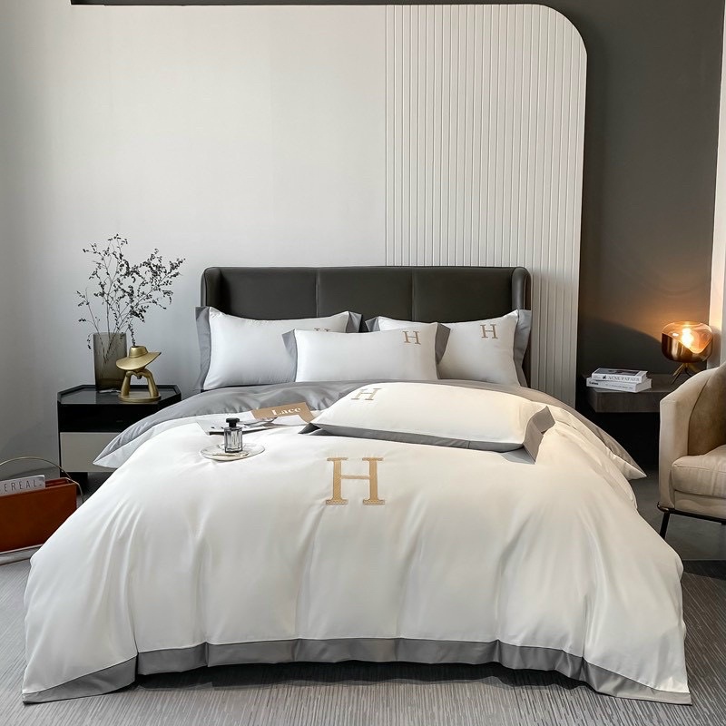 Set Chăn Ga Gối Lụa Chữ &quot;H&quot;_Hàng Nhập Khẩu Cao Cấp Nguyên Tem Mác Túi