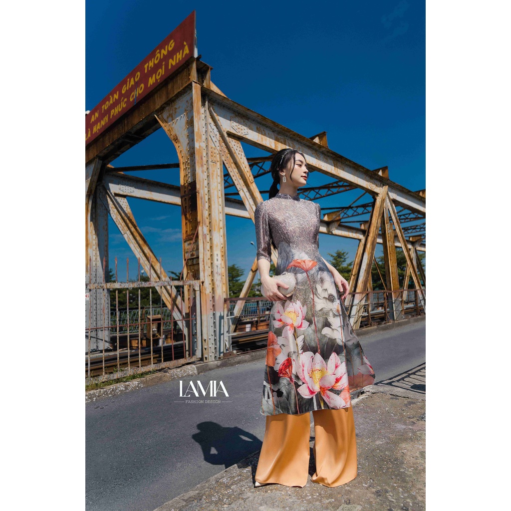 SET ÁO DÀI TƠ HÀNG CHÂU IN HÌNH HOA SEN LAMIA DESIGN AD051