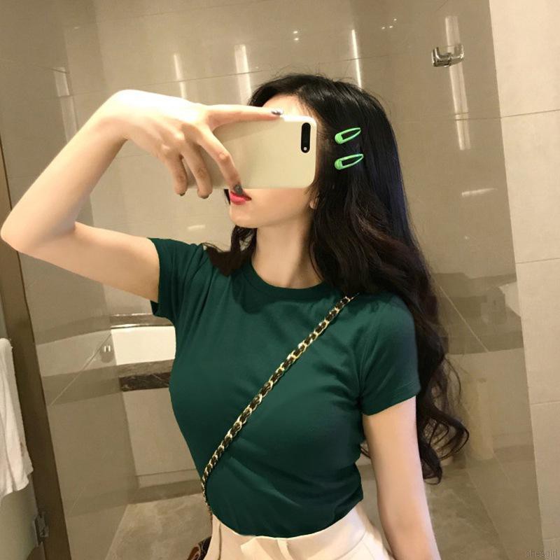 Áo Thun Nữ Ngắn Tay Màu Trơn Phong Cách Hàn Quốc