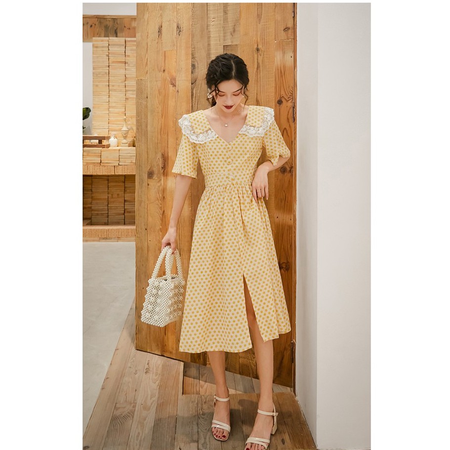 Đầm Chấm Bi Vàng - MUOJ - phong cách Vintage - Hàng Cao Cấp (ảnh thật hình 2-3) | BigBuy360 - bigbuy360.vn