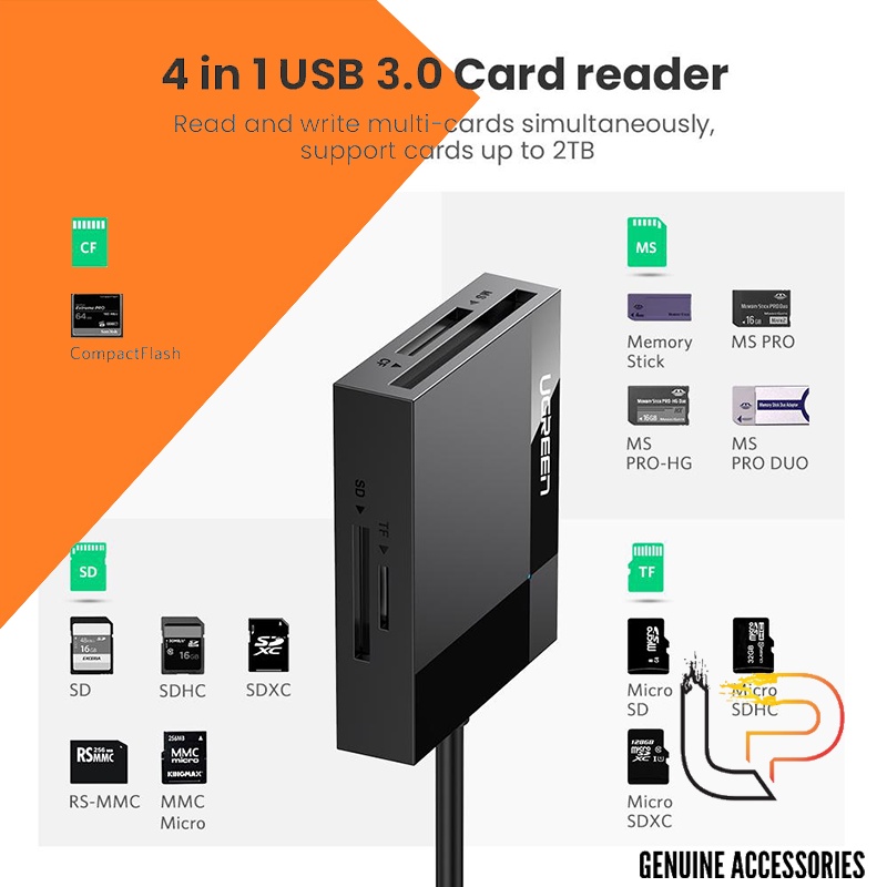 Đầu đọc thẻ nhớ USB 4 trong 1 hỗ trợ thẻ TF và DS Ugreen 30333 - Card Reader USB 3.0 Ugreen 30333